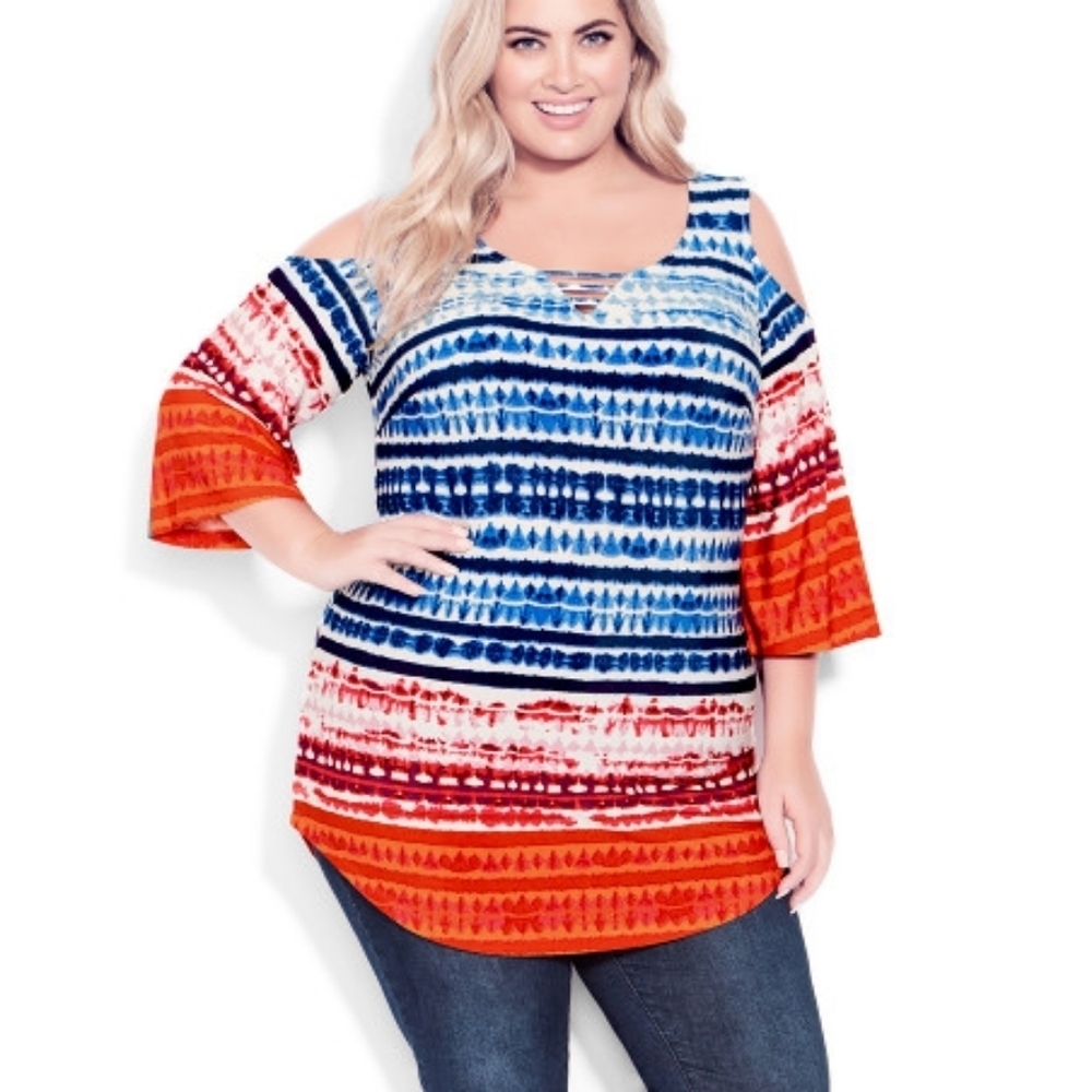 NWY Avenue Cold Shoulder 3 Bar Border Top in Blue Tie Dye